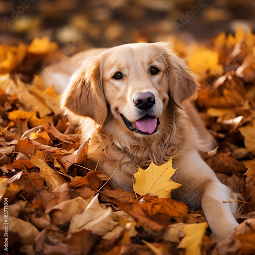 a dog lying in leaves