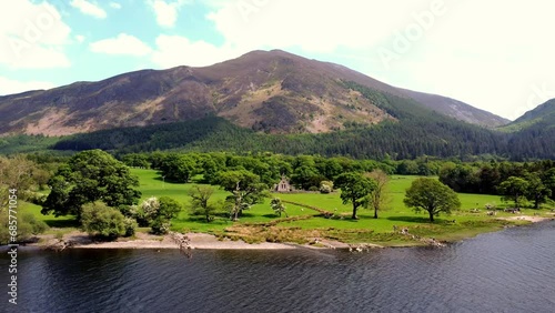 A Beautiful Drone Shot of Ullock Pike and Saint Bega's Church from the Shored of Bassenthwaite Lake in the Lake District National Park UK  photo