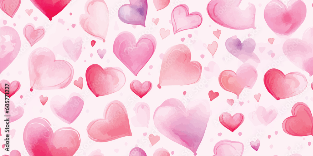 Heart seamless watercolor pattern with colorful symbols love. Illustration for Valentine day, birthday or wedding