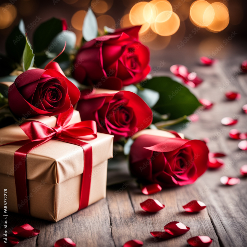 bokeh background with roses and gift with red ribbon in the left side of the pictins. Happy Valentine Day bokeh background with roses and gift with red ribbon in the left side of the pictins. Happy Valentine Day