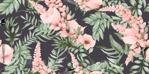 Seamless pattern with pink white flowers, fern and leaves. Botanical illustration. Vector.