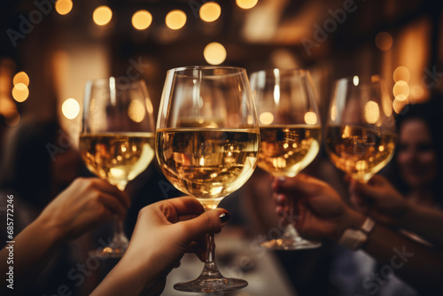group of people at a table holding glasses of champagne making a toast