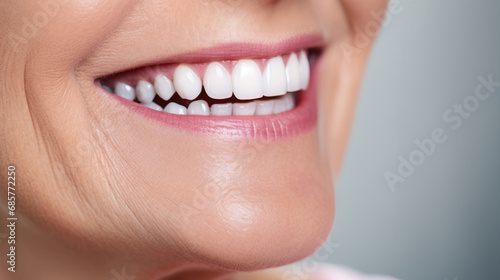 Beautiful elder woman's smile with healthy white, straight teeth close-up on light background with space for text