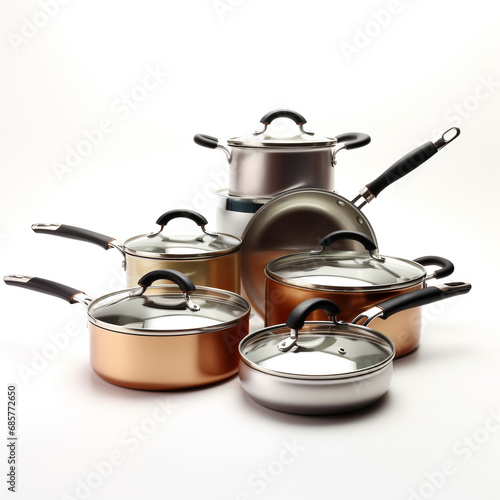 set of modern saucepans on white background