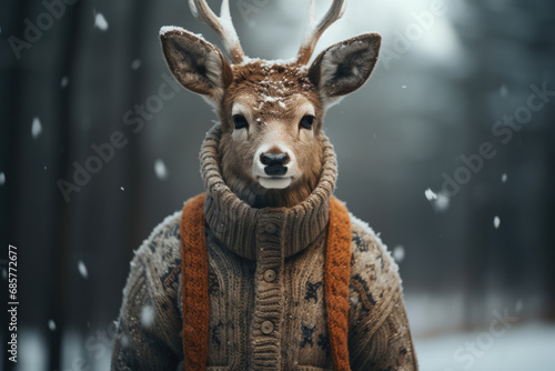 Deer in a warm knitted sweater in the forest