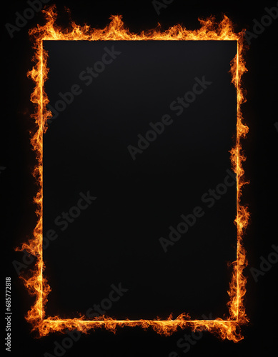 Background with an empty black frame burning with fire
