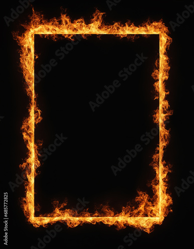 Background with an empty black frame burning with fire