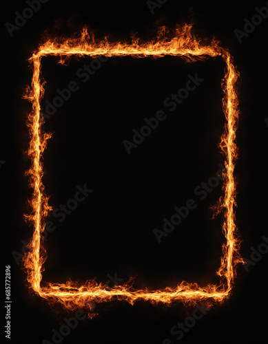 Background with an empty black frame burning with fire