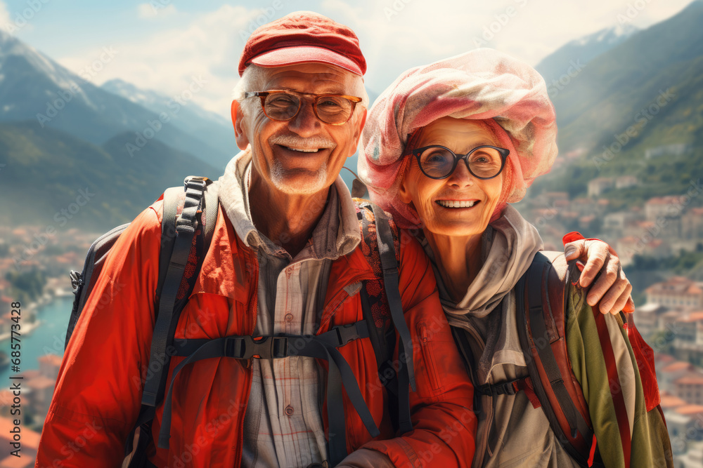 Senior couple of positive tourists traveling