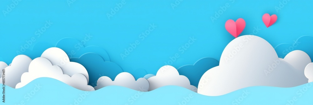 Blue sky with white and blue Clouds cartoon paper cut and red hearts