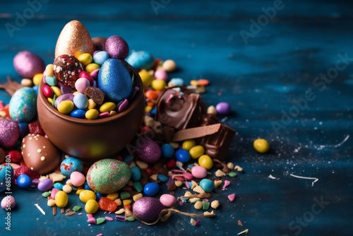 Delicious chocolate Easter eggs and sweets on a dark blue background photo