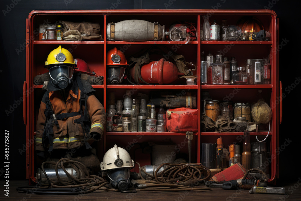 Fire extinguishing equipment warehouse, mask, suits, fire extinguishers