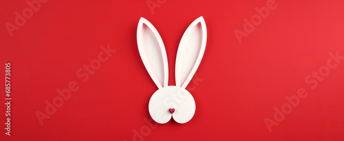 Easter greeting card with white paper cut Bunny Ears isolated on a red background, photo