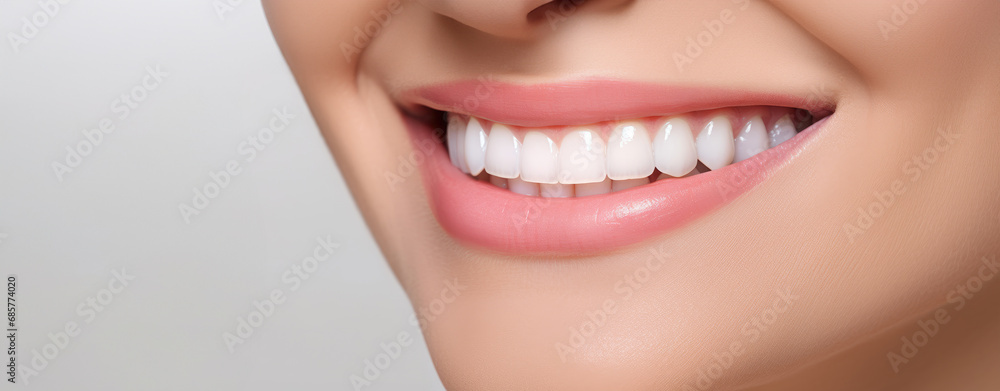 Fototapeta premium Banner of Beautiful woman's smile with healthy white, straight teeth close-up on one tone background with space for text