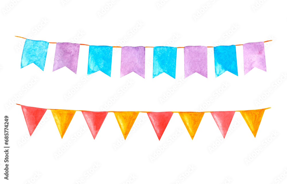 Obraz premium Watercolor clipart holiday garland colorful flag. Illustration hand painted isolated elements. Christmas postcard. Art for design