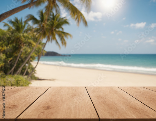 Wood table view against a tropical beach