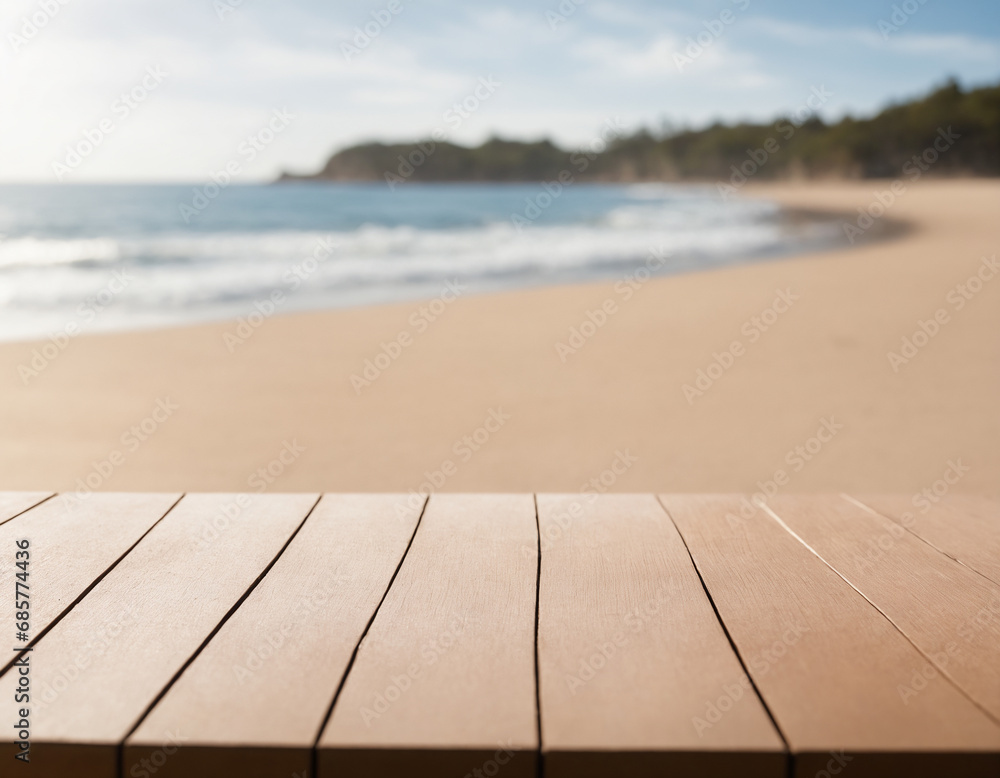 Wood table view against a tropical beach Wood table view against a tropical beach
