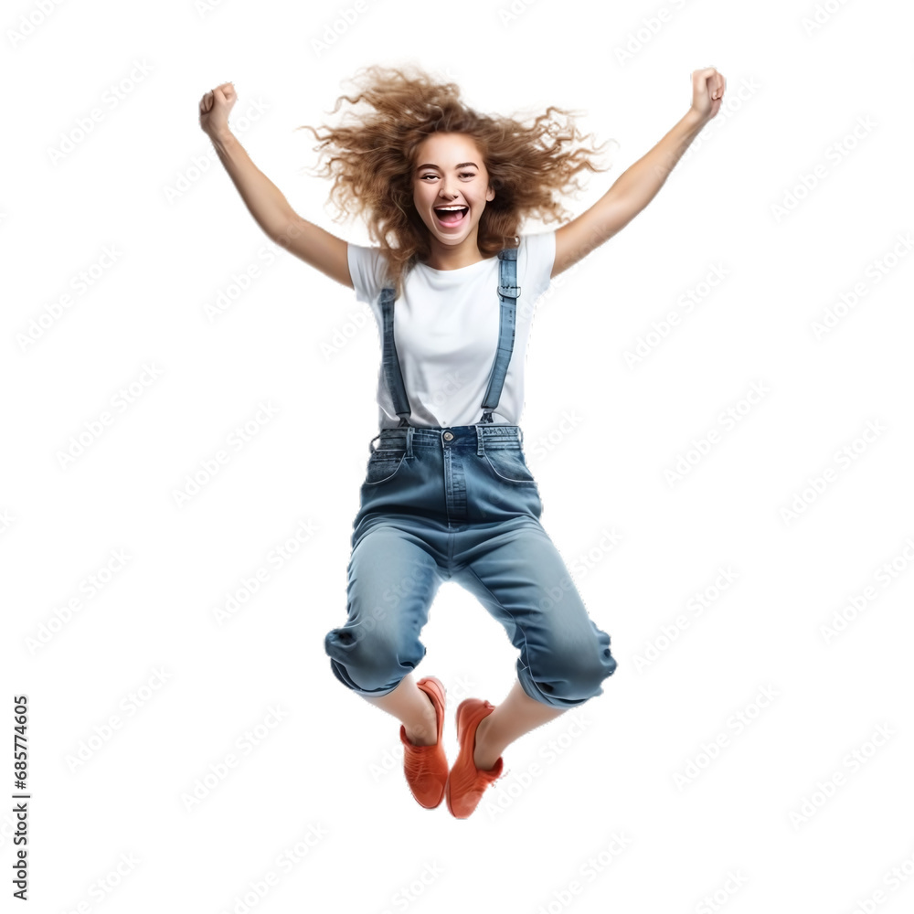 Happy young girl jumping alone, isolated on a white background Transparent PNG