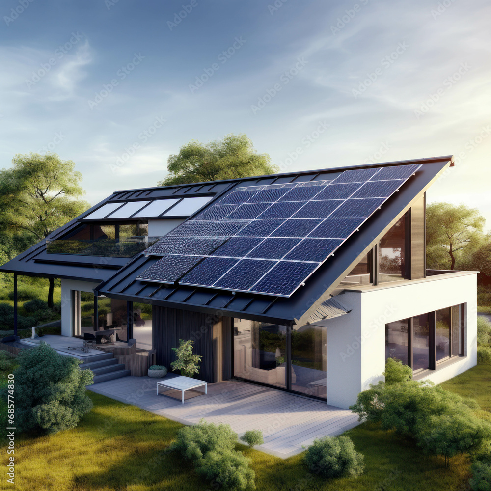 Modern residential building with solar cells on the rooftop, capturing sunlight for clean and sustainable energy. ai generative