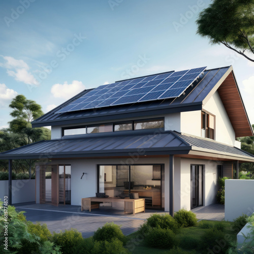 Solar cells on the roof of a contemporary house, symbolizing eco-friendly living and sustainable energy. ai generative © tope007