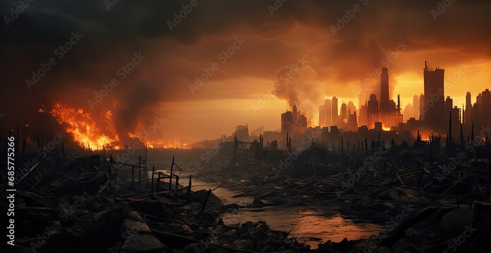 the destroyed city with smoke in the background, apocalypse art