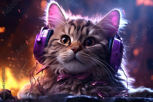 Cat wearing headphones and purple glasses