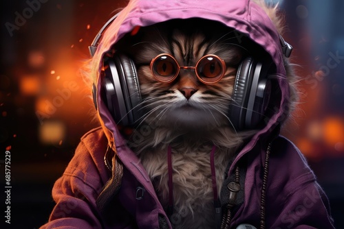 Cat wearing headphones and purple glasses © Pawe