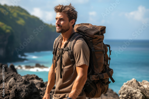 Male tourist with backpack traveling on vacation
