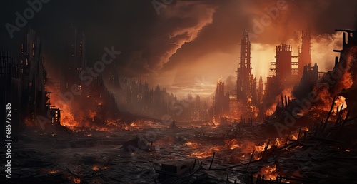 the destroyed city with smoke in the background, apocalypse art © Pawe