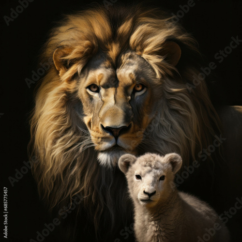 Fierce and gentle The lion and the sheep together  a symbolic portrayal of contrasting yet harmonious forces in nature. ai generative