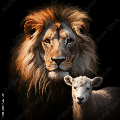 Iconic wildlife duo The lion and the sheep  a powerful and peaceful coexistence symbolizing harmony in nature. ai generative