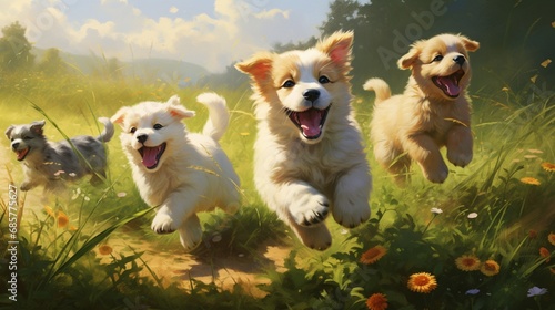 A group of playful puppies frolicking in a sun-drenched meadow.