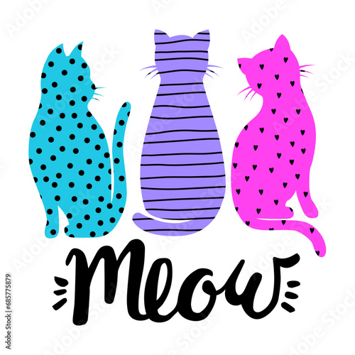 Cute abstract illustration with cartoon cats in glasses fruits. Design for children and girls. 
Summer fashion girlish print for t-shirt 