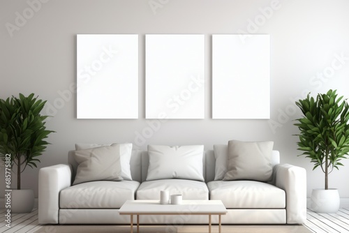 Interior of modern living room with white walls, wooden floor, white sofa and two vertical mock up posters. © Maryna