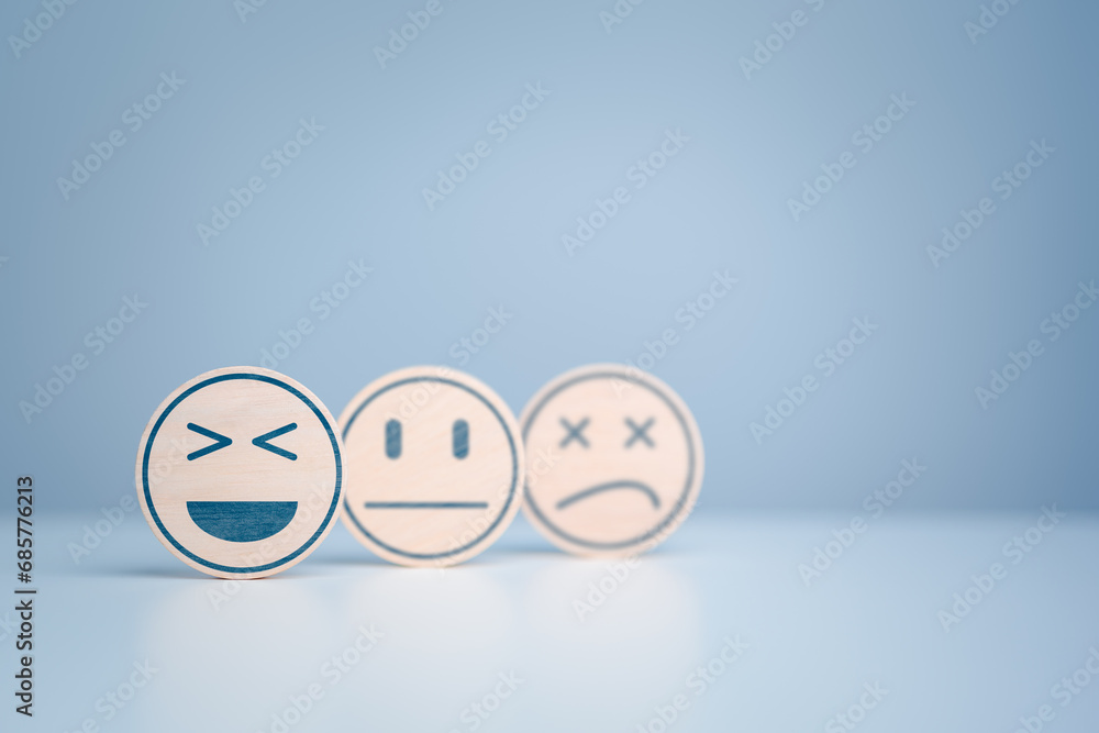 Wooden labels with happy normal and sad face icons for experience survey services and products review concept. Customer or Client choose Good, Neutral, or Negative feedback and satisfaction rating. - obrazy, fototapety, plakaty 