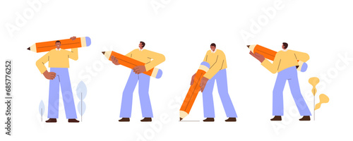 Person holding big pencil or pen illustrations set. Collection of character writing, editing or creating content. Education and creativity concept. Vector illustration.