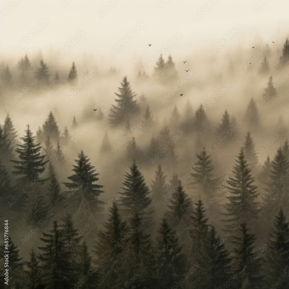 Misty mountain scene with pine trees creating a tranquil atmosphere. Nature's beauty captured in a foggy landscape. Copy space available.ai generative