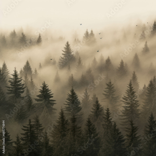 Misty mountain scene with pine trees creating a tranquil atmosphere. Nature's beauty captured in a foggy landscape. Copy space available.ai generative