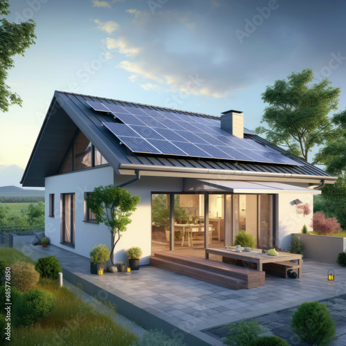 Solar cells on a modern home rooftop, capturing sunlight for renewable power. Eco-friendly living with clean energy. ai generative © tope007