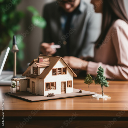 Happy young clients signing a mortgage agreement with a real estate agent. Close-up of a miniature house, symbolizing the home loan and property acquisition process. ai generative