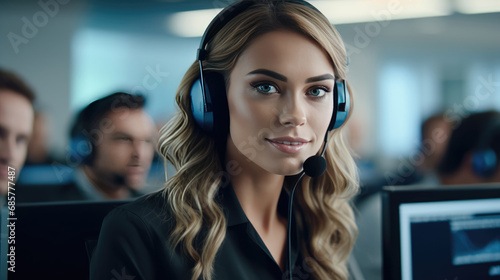 A woman wearing a headset, navigating through customer calls with expertise