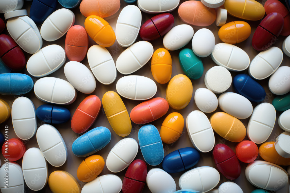 Different colored pills, medical background Different colored pills, medical background