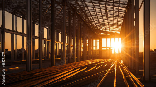 The steel beams of the building rise up into the sky