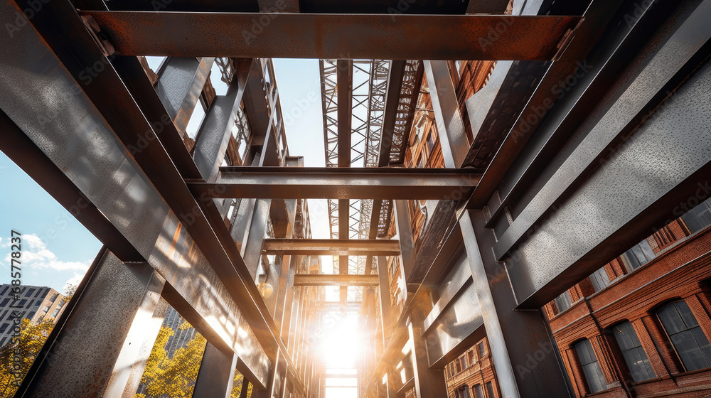 Obraz premium The steel beams of the building rise up into the sky