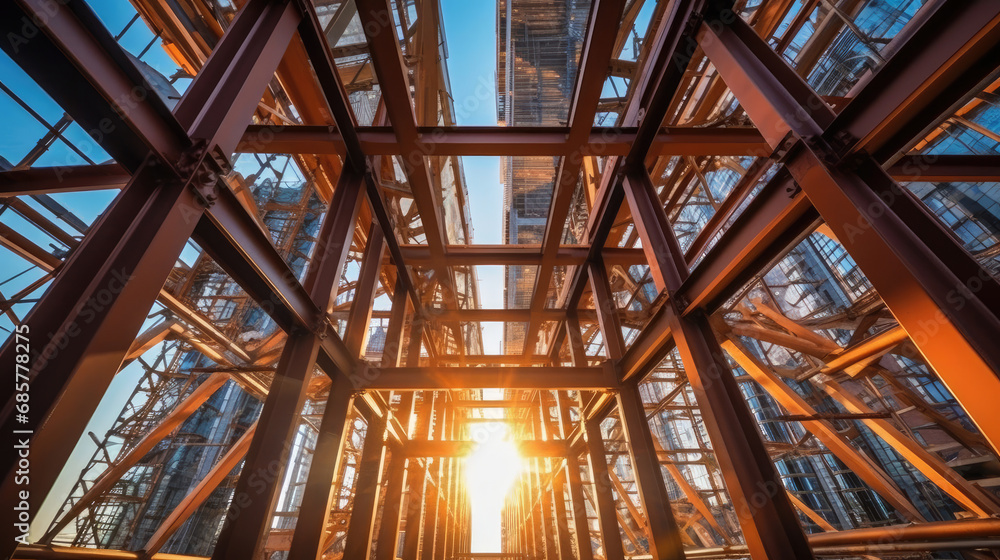 The steel beams of the building rise up into the sky The steel beams of the building rise up into the sky