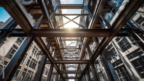 The steel beams of the building rise up into the sky