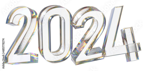 happy new year 2024 glass letter with chromatic aberration refraction dispersion 3d illustration isolated