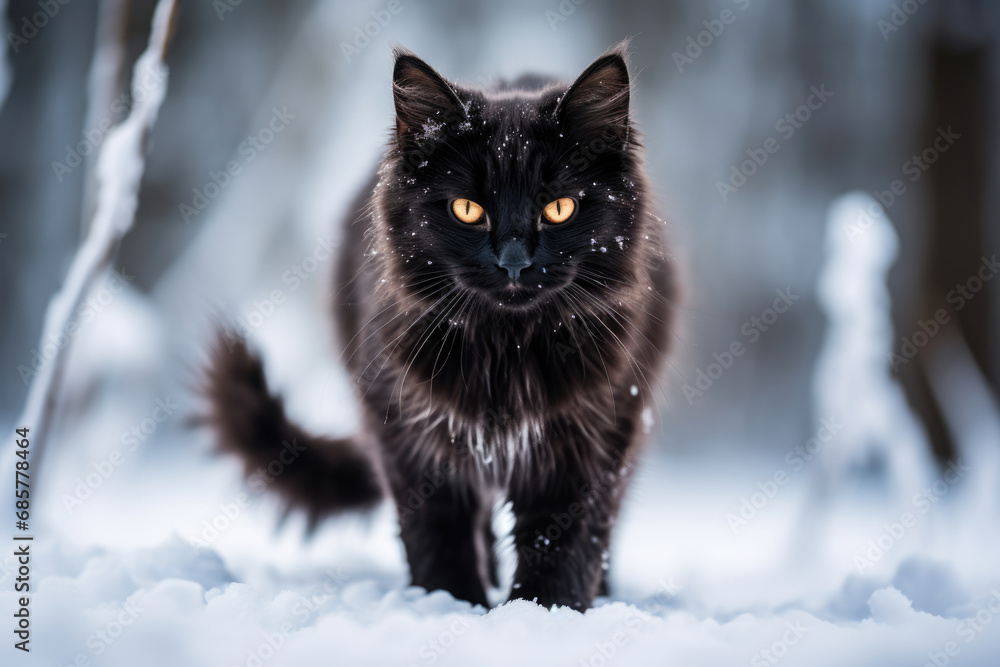 Black cat in the snow on a frosty winter day