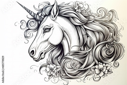 Unicorn line art design emphasize on head and mane photo