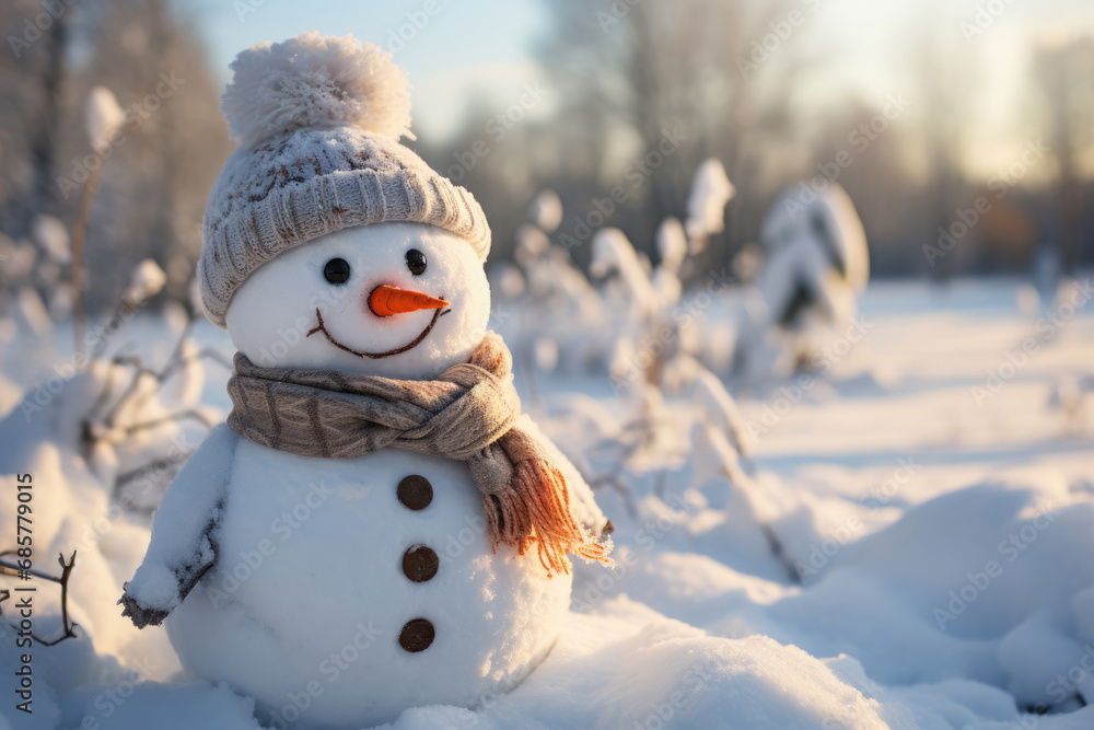 Obraz premium Funny snowman with a carrot nose in the forest